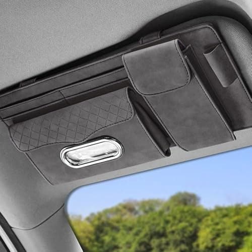 AUGEN PU Leather Multi-Function Car Space Sun Visor Organizer Tissue Napkin Box Compartment, with Sunglass Compartment, Card Slot, Pen Section (Grey)