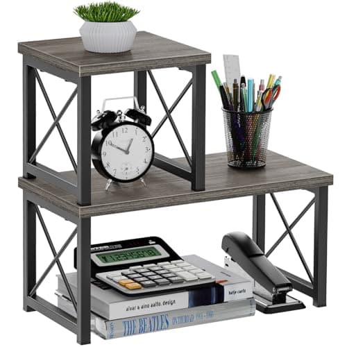 Honiter Desk Shelf for Top of Desk Wood Desktop Shelf 2 Tier Adjustable Bookshelf Organizer Freestanding Stackable Desk Stand Storage Organizers Kitchen Counter Display Rack