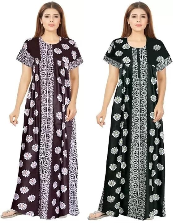 NILOUFO Women's Cotton Nighty Gown Combo – Pack of 2 Printed Maxi Nightwear, Free Size, Soft & Breathable Sleepwear for Ladies (Coffee&Green, Free Size)