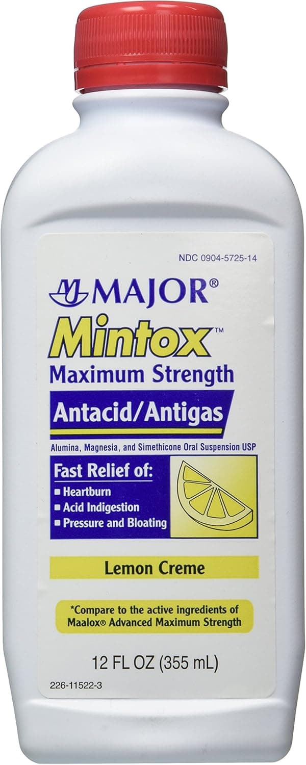 Major Mintox Maximum Strength Antacid/Antigas for Fast Relief of Heartburn, Acid Indigestion, Pressure, Bloating - Lemon Creme - 12 Fl Oz (355 mL) (4 Pack)