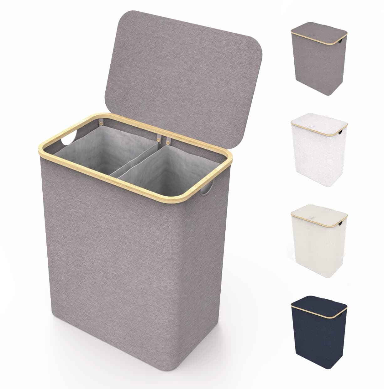 LONBET Laundry Basket with Lid Made from Breathable Fabric Aesthetic Clothes Hampers for Laundry with Side Handles Sturdy Bamboo Frame 40 Gallons Double Gray