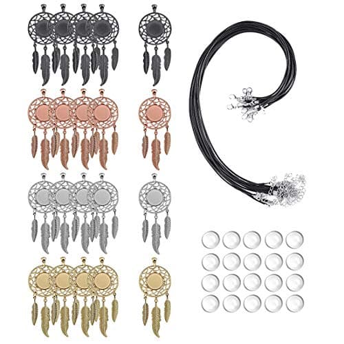 LANBEIDE 60Pieces Cabochons Jewelry Making Kits-20Pcs Dreamcatcher Bezel Pendant Trays with 20Pcs Glass Cabochons 14mm and 20Pcs Black Waxed Necklace Cords for Photo Pendant Jewelry Making