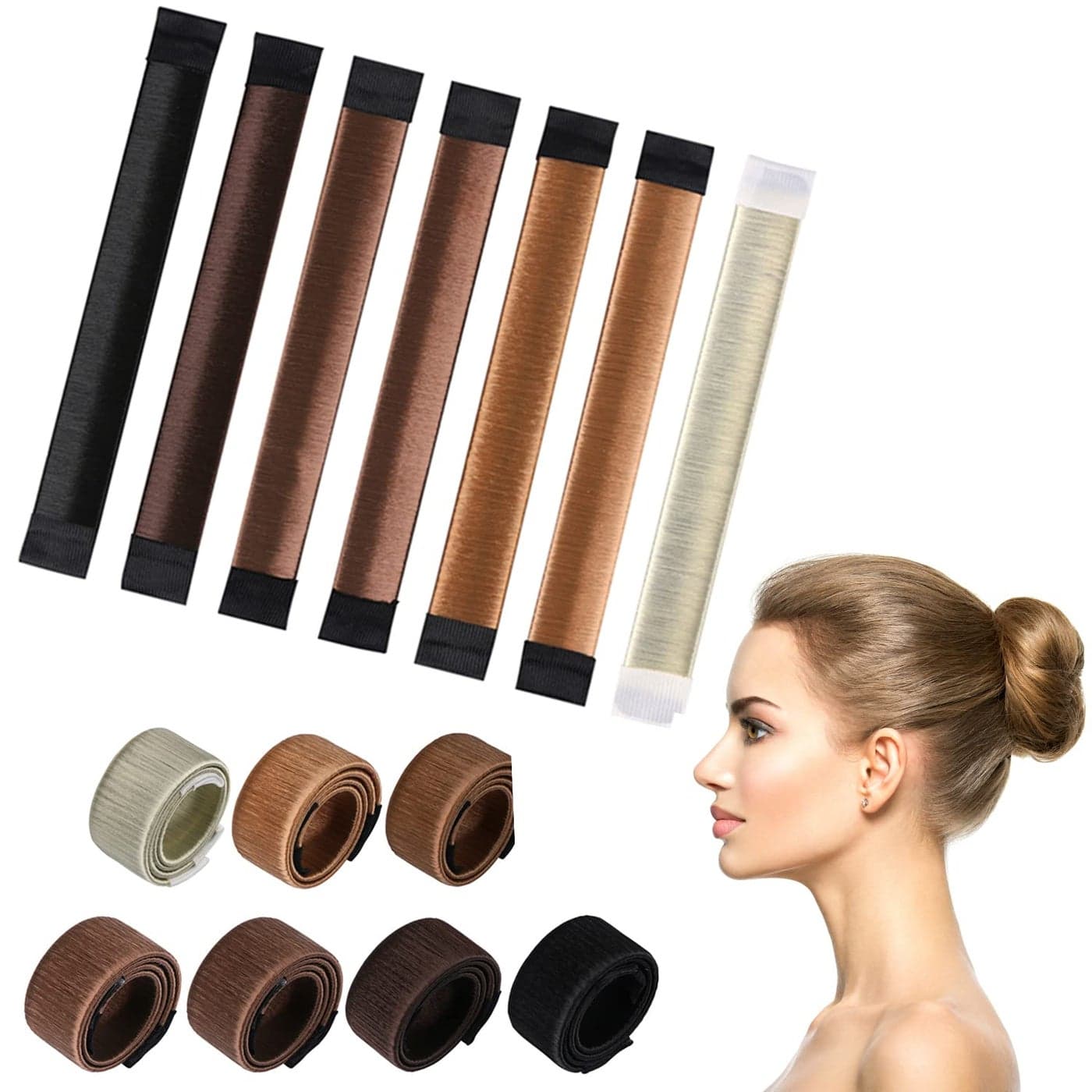 KISSBUTY Bun Maker 7 Count Hair Donut for French Twist Wrap Snap Disk Hair Styling DIY Tool for Women and Girls 7 Shades Beige Light Brown Coffee Dark Brown Brown Black