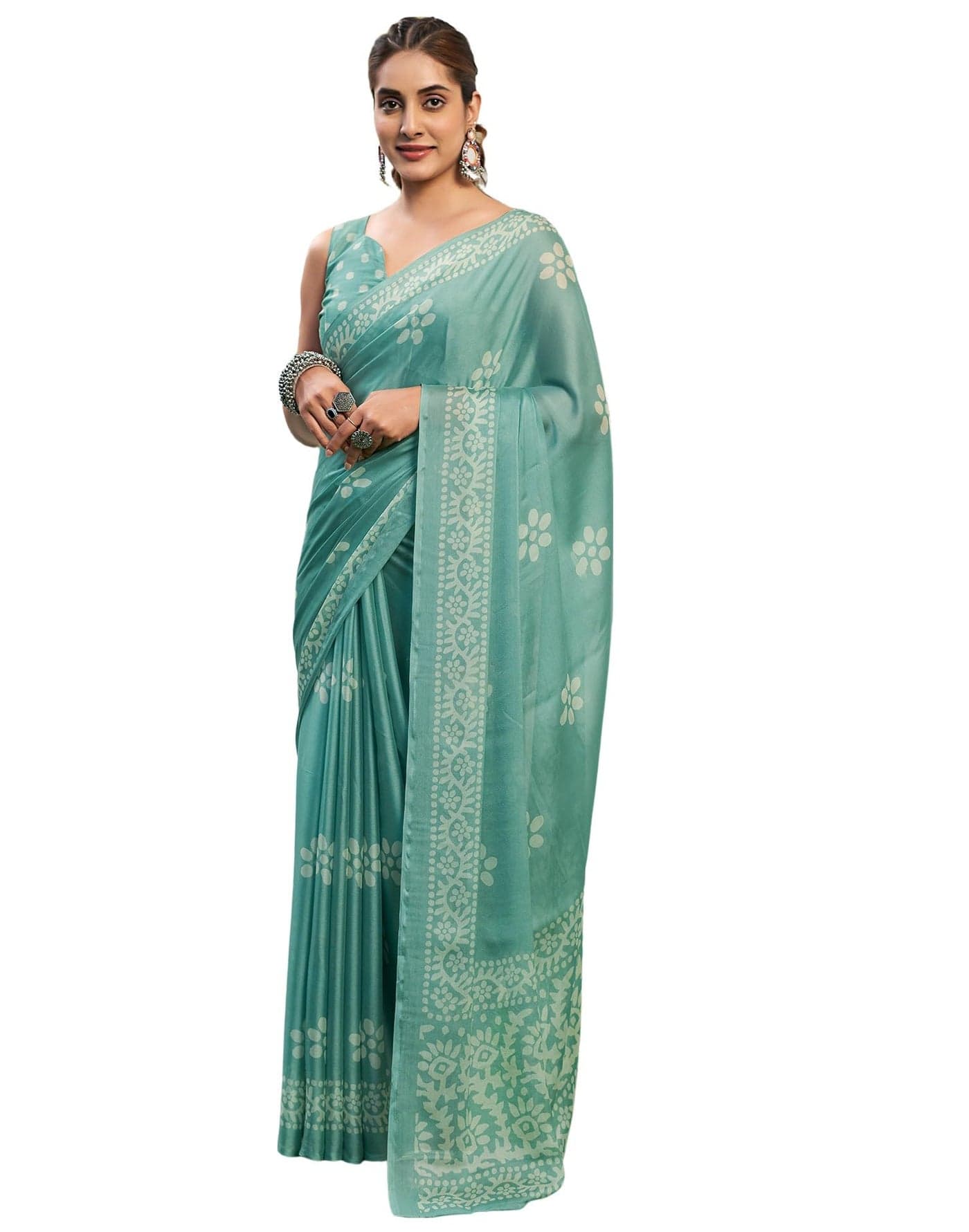SIRIL Women's Chiffon Floral Printed Saree With Unstitched Blouse Piece (3780S1531_Turquoise)