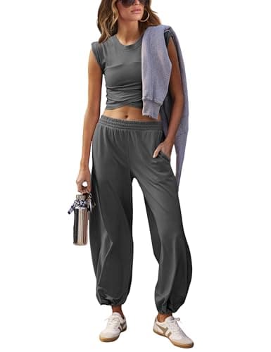 Springrain Womens Two Pieces Outfits Casual Lounge Sets Cropped Tops Sweatpants Tracksuit with Pockets(DarkGrey-M)