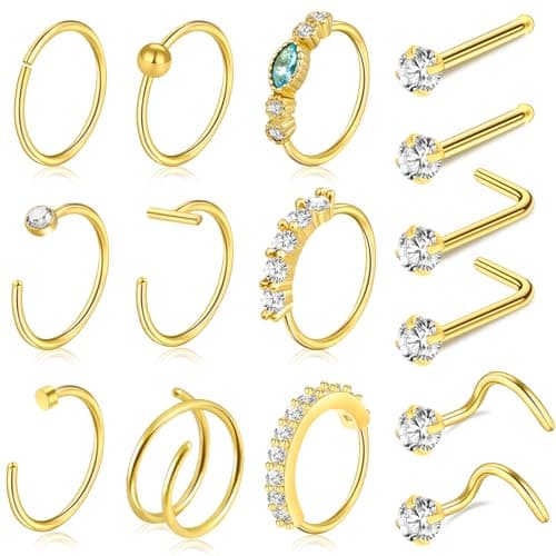 ONESING 15 Pcs 20G Gold Nose Rings - Women's Nose Piercing Jewelry: L Shape Studs, Hoop Rings - Stainless Steel, Screw Body Jewelry