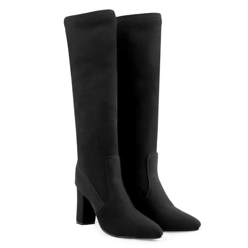 Women's Faux Leather Material Black Casual Formal Slipon Sock Fit Knee-Length Boots With 9 Cm Block High Heel Height. 38 EU