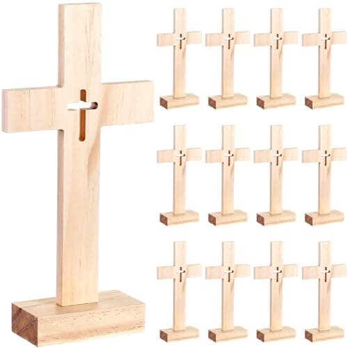 Suzile 12 Pieces Christmas Nativity Wooden Cross Unfinished Wood Tabletop for Crafts Standing Centerpieces Easter Church Sunday School First Communion Baptism Decorations Hollow Out