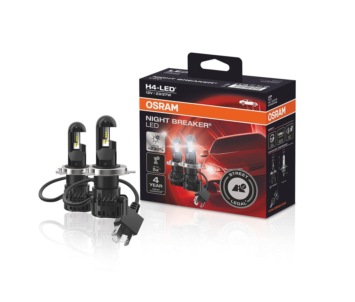Osram Night Breaker H4 LED; Up to 230 Percent More Brightness, Legal Low and High Beam with Road Legal in Germany and Austria, Black