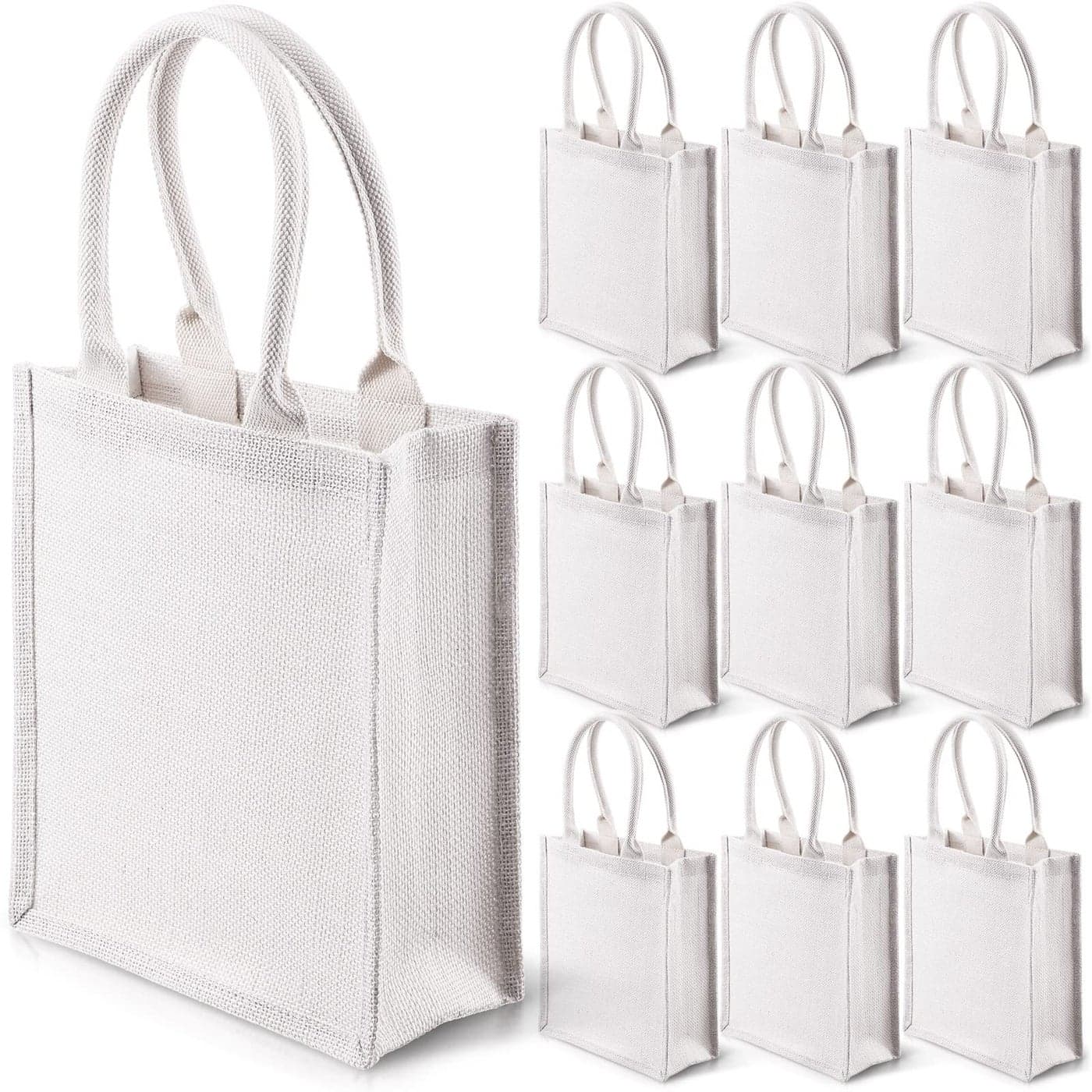 Saintrygo 10 Pcs Burlap Tote Bags Burlap Gift Tote with Handles Reusable Beach Bridesmaid Welcome Bags for DIY Wedding Shopping Pool Party Favor 111x 95x 42White