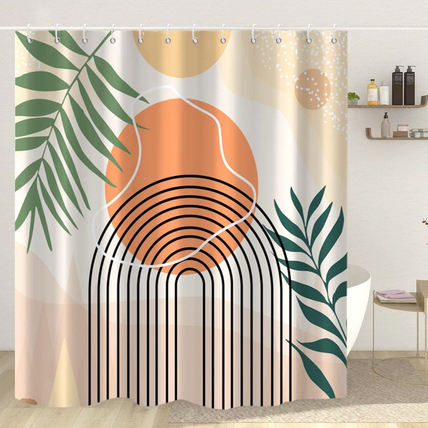 GKLEASG Boho Shower Curtain Abstract Mid Century Modern Arch Sun Leaf Machine Washable Waterproof Fabric for Bathroom Bathtub Decor with Hooks 72x72