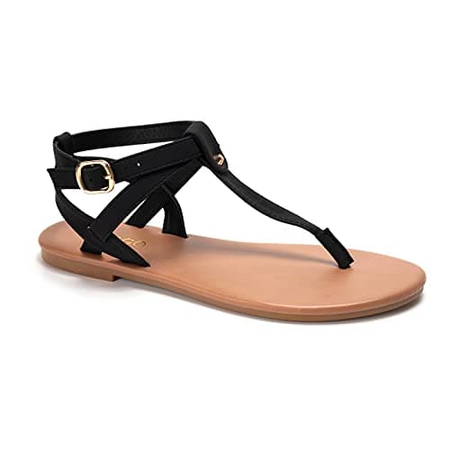 Colgo Thong Flat Sandals, Casual Women T-Strap Dress Sandals with Adjustable Ankle Buckle for Summer Wedding (Black/Sdl,8.5)