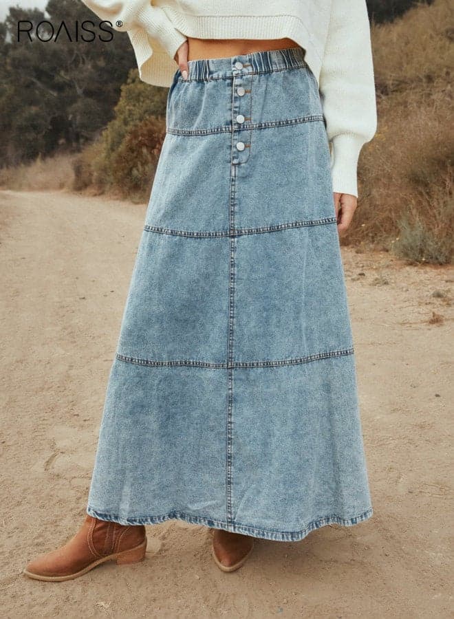 High Waist Washed Denim Skirt, Women's A-Line Maxi Skirt, Layered Button-Embellished Bohemian Blue Tiered Skirt,Elastic Waist Casual Skirt Street Style