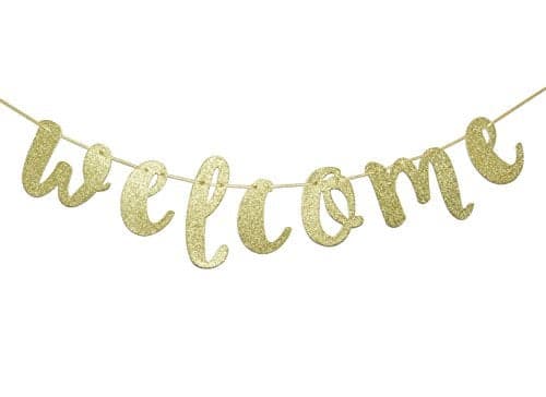 Welcome Gold Glitter Hanging Sign Banner- First Day of School, Classroom, Wedding, House, Home Decor (Gold)