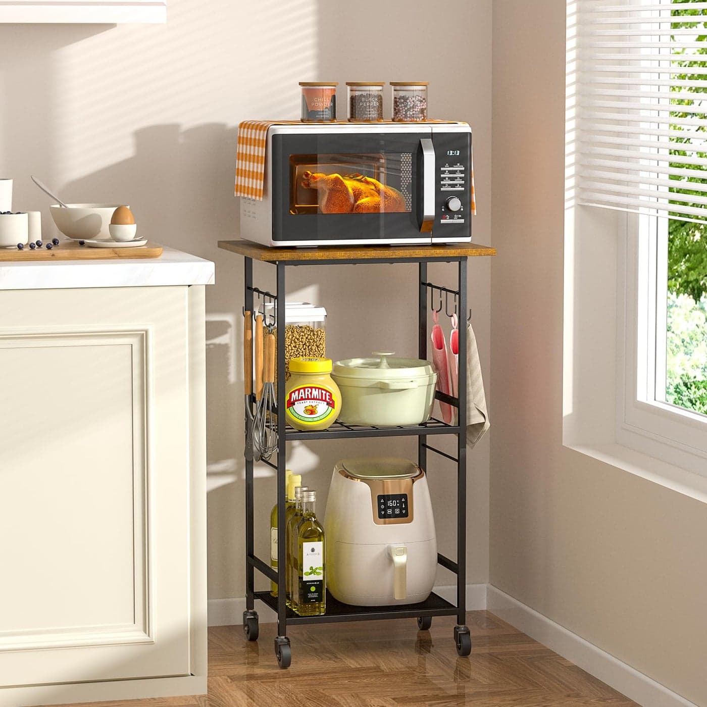 ThreeHio Rolling Kitchen Microwave Cart 3 Tier Microwave Table Stand with Adjustable Shelf Kitchen Storage Rack on Wheels Coffee Station Cart Rack Shelf Organizer for Living Room Office Balcony
