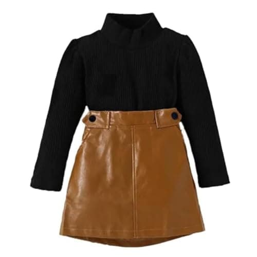 QMQ Baby girls Little Toddler Long Sleeve T-Shirt Tops Leather PU A-Line Pleated Skirt 2Pcs Clothing Set for kids wear