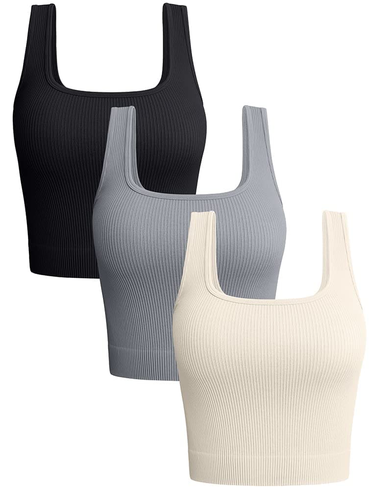 OQQ Women's 3 Piece Tank Tops Ribbed Seamless Workout Exercise Shirts 2025 Summer Basic Camis Black Grey Beige