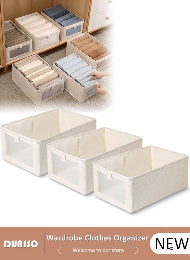 3 Pack Wardrobe Clothes Organizer,Closet Storage Boxes and Storage Foldable Jeans Drawer Closet Organizer,Clothes Storage Bins,Fabric Organizer Clothes Storage with Clear Window for Clothes, Jeans, Pants, Sweaters, Dress (3 Pcs)