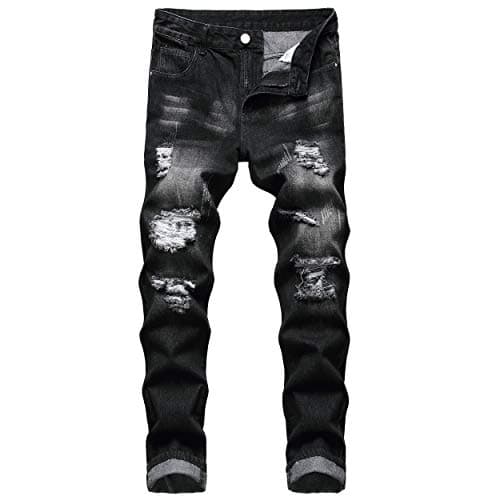 QIMYUM Mens Ripped Jeans, Distressed Destroyed Slim Fit Straight Leg Denim Pants (38, Black702)