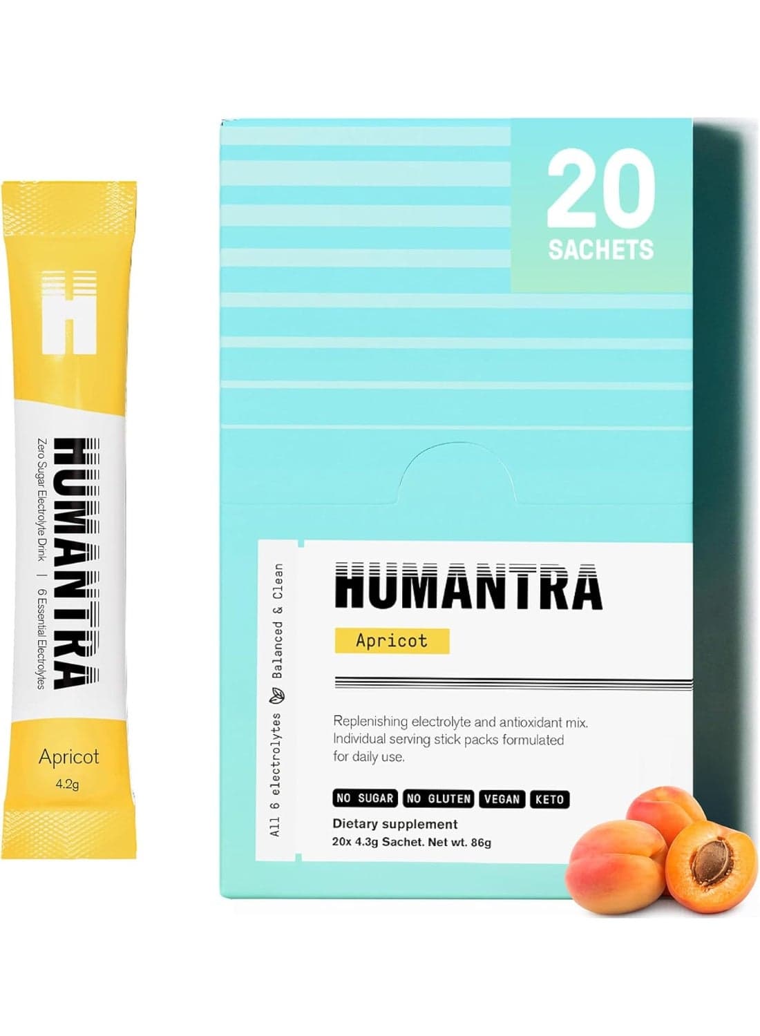 Humantra Electrolytes Powder - Apricot Flavor, 20ct - Powdered Hydration Sachets - Plant-Based Electrolyte with 6 Electrolytes - Vegan, Sugar Free, Gluten Free