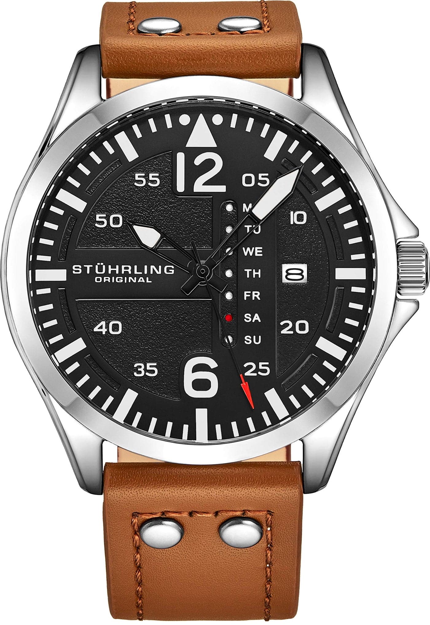 Stuhrling Original Mens Leather Watch Aviation Watch QuickSet DayDate Leather Band with Steel Rivets