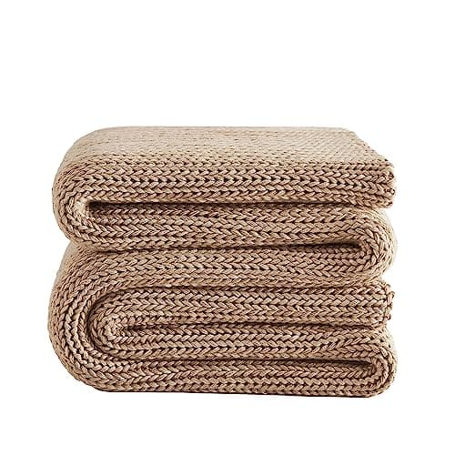L'AGRATY Knitted Weighted Blanket - 50''x60'' 7lbs Cooling Chunky Knit Heavy for Adults Braided Crochet Throw Thick Cable Yarn Decorative No Beads Evenly Machine Washable, Beige