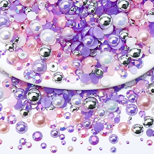 Towenm 60g Mix Pearls and Rhinestones for Crafts 2mm10mm Flatback for Tumblers Shoes Nails Face Art Bedazzling Half Pearls and Jelly Rhinestones PinkPurpleWhite