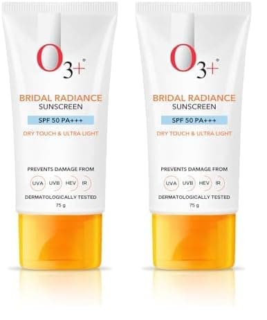 O3 Bridal Radiance Sunscreen SPF 50 PA Dry Touch Ultra Light Nongreasy and leaves no white cast Prevents Damage From UVA UVB HEV IR Dermatologist Tested 75g Pack of 2