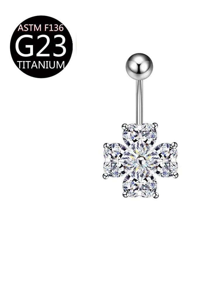 Hypoallergenic Titanium Steel Belly on Ring – Zircon Silver Navel Ring, Trendy Four Leaf Clover Body Piercing Jewelry for Women