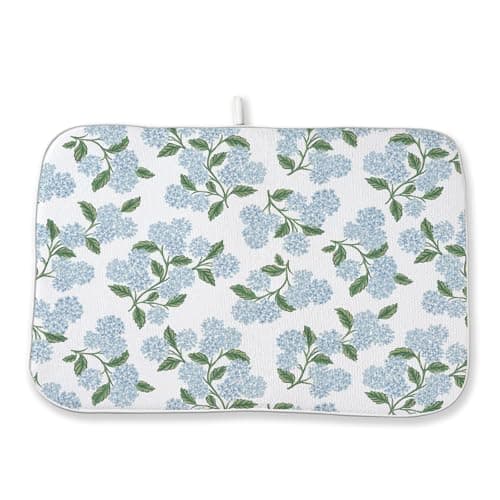 Blue Sage Green Hydrangea Dish Drying Mats 18x24 Inch Floral Mats Spring Holiday Kitchen Decor Absorbent Drying Dish Pad Rack Drainer Mats for Kitchen Dining Room