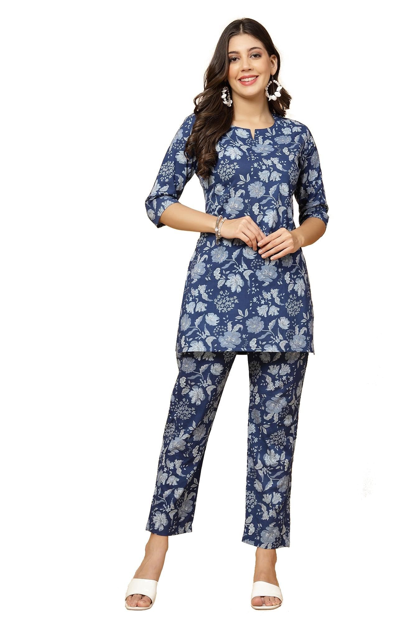 Pistaa's Women's Cotton Printed Night Suit Top And Pajama Set (X-Large, Indigo Blue)
