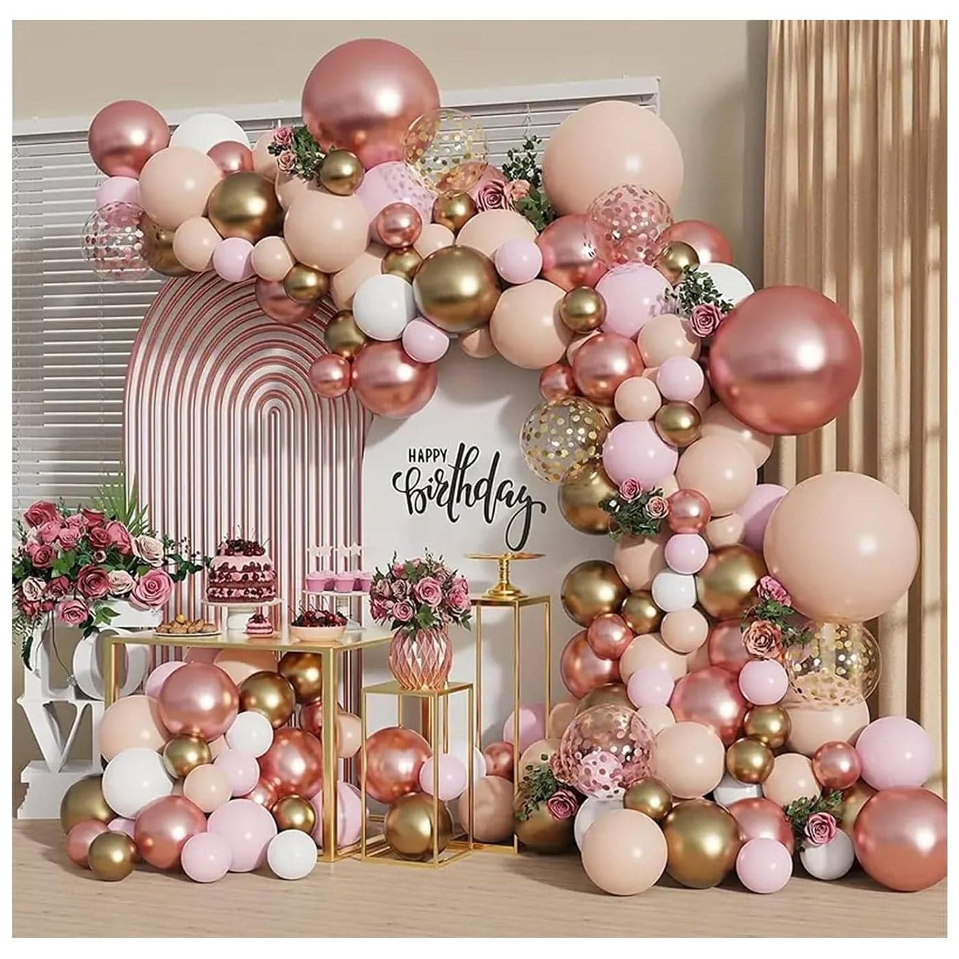 Rose Gold Balloon Garland Kit Nude Pastel Pink Metallic Gold Matte White Balloons Gold and Rose Gold Confetti Balloons for Wedding Bridal Shower New Year Party Girl Birthday Decorations