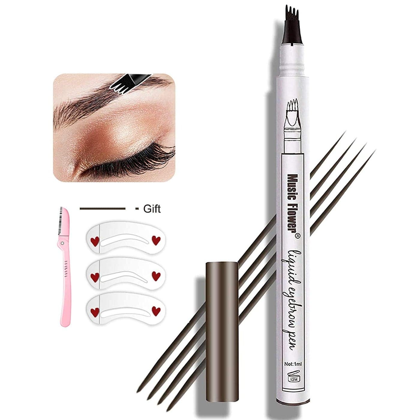 Eyebrow Pen MoonKong 4 Point Eyebrow Pencil Waterproof Eye Brown Makeup Eyebrow Kits with 3 Eyebrow Stencil 1 Brow Razor 4 Black