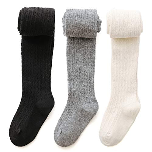 EPEIUS Girl Tights Thick Cable Knit Leggings Kids Girl Warm Cotton Pantyhose Little Girl Stockings Dress Tights School Uniform tight,Black White Grey,6-8 Years
