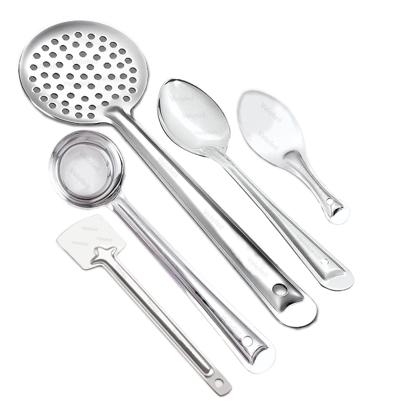 Velofeil Set of 6 Stainless Steel Kitchen Tools 235cm Panja Plain Rice Spoon 285cm Large Pan Spoon 36cm Skimmer Jhara 315 cm Laddle 305cm Turner Spatula Ideal for Cooking Serving