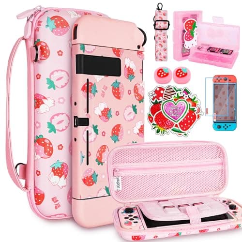 TIKOdirect Carrying Case for Switch Cute Portable Travel Bag Accessories with Soft Protective Cover Screen Protectors and Thumb grip caps Game Card Case 7in1 Pink