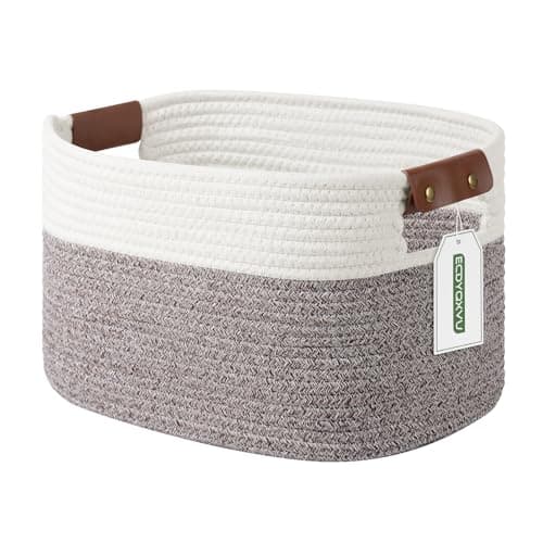 ECDYQXVU Cotton Rope Basket, Storage Baskets with Handle, 15x10x9 Inch Woven Basket for Shelves, Laundry, Towels, Clothes, Books (White Brown 1 Pack)
