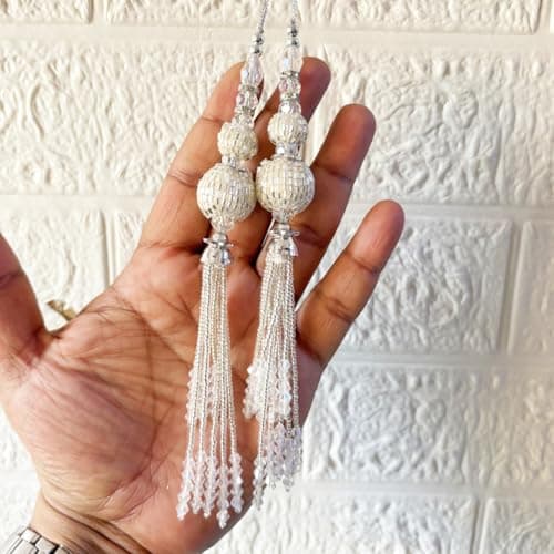 Adikala Craft Store Handmade Ethnic Cutdana Latkan Tassel Set of 2 for Saree Pallu, Blouse, Suits, Dupatta, Lehenga Decor, DIY Art & Crafts (Silver D3)