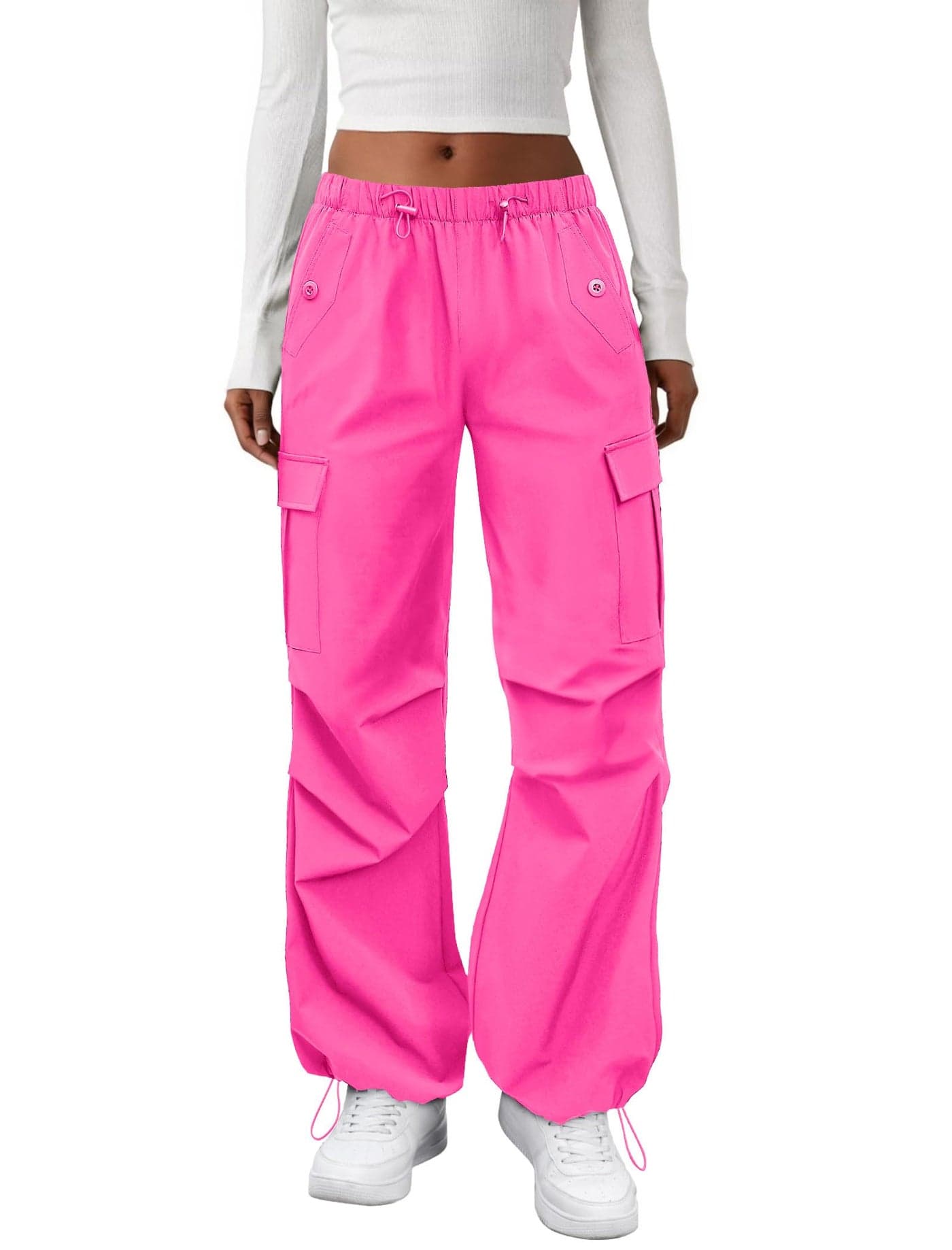 COPYLEAF Cargo Pants Women Elastic Waisted Parachute Hiking Pants with Pockets Water Resistant Lightweight Baggy Pants(Hot Pink L)