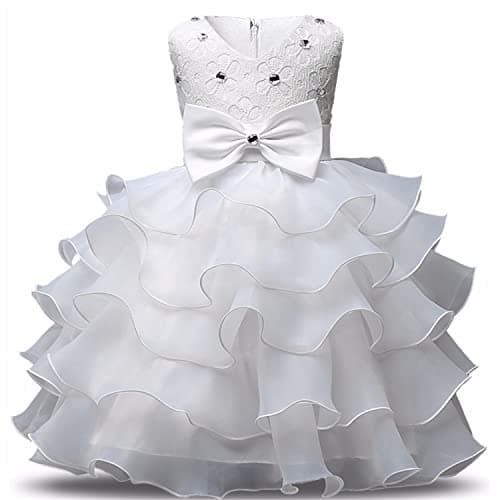NNJXD Girl Dress Kids Ruffles Lace Party Wedding Dresses Size (120) 4-5 Years White