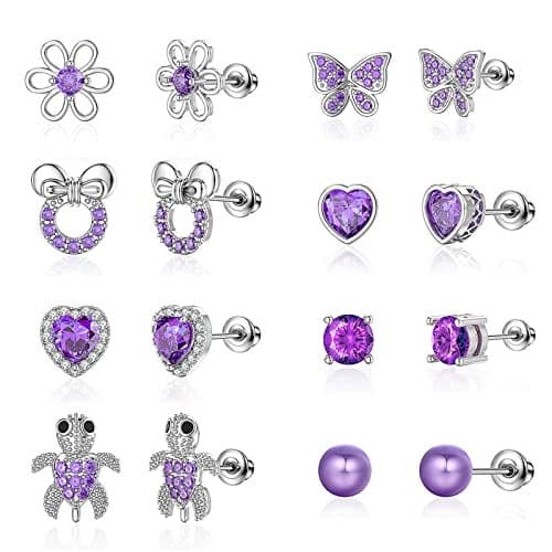 TOPBRIGHT 8 Pairs Hypoallergenic Earrings 925 Sterling Silver Stud Earrings Purple Heart CZ Tiny Butterfly For Kids, Toddlers, Little Girls, Teens, Women