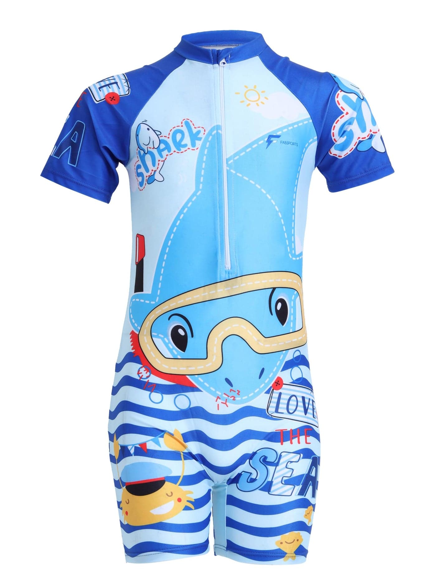 FABSPORTS Kids Swimsuit Set Printed One-Piece Swimwear for Boys & Girls, Half Sleeve Bathing Suit, Comfortable Swimming Costume for Children, 6-8 Years Blue
