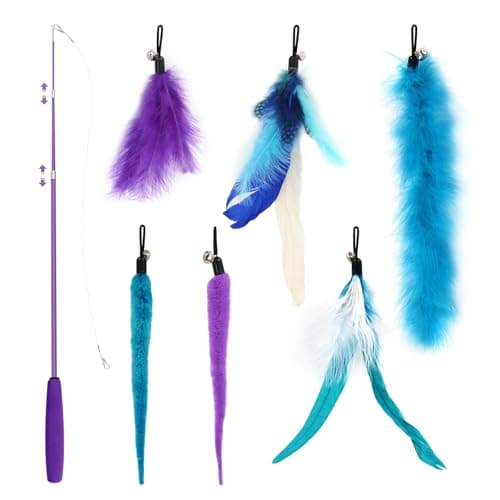 SONGWAY Interactive Cat Feather Toy Set - Retractable Teaser Wand with 6 Pcs Feather Refills with Bell, Cat Wand Toys for Indoor Cats Kittens Play Chase Exercise, Blue