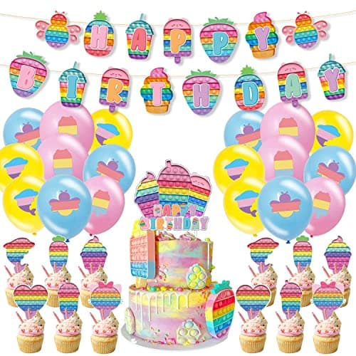 Festiko®34 PCS Birthday Party Decorations for Pop Toys,Birthday Party Supplies for Pop Push Included Pop Cake Toppers, Cupcake Toppers, Balloons, Banner, Pop Game Theme Party Favor Pack Set for Kids