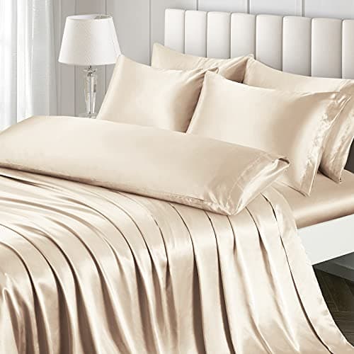 Ersmak 7 Pieces Satin Sheets Set King Size Luxury Silky Beige Satin Bed Sheets Set with 1 Deep Pocket Fitted Sheet 1 Soft Flat Sheet 4 King Pillowcases and 1 Body Pillowcase