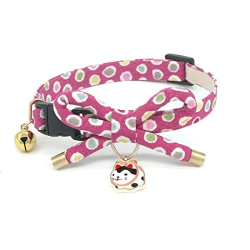 PetSoKoo Cute Bowknot Cat Collar with Bell. Japan Colorful Polka Dots Pattern. Lucky Cat Charm. Safety Breakaway, Soft, for Girl Boy Male Female Adult Cats,Pink