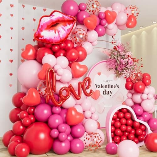 DBKL 138pcs Valentines Day balloon Garland Arch Kit Pink Red Rose Pink Balloons with Love Lips Foil Balloons for Valentines Birthday Wedding Anniversary Party Decorations