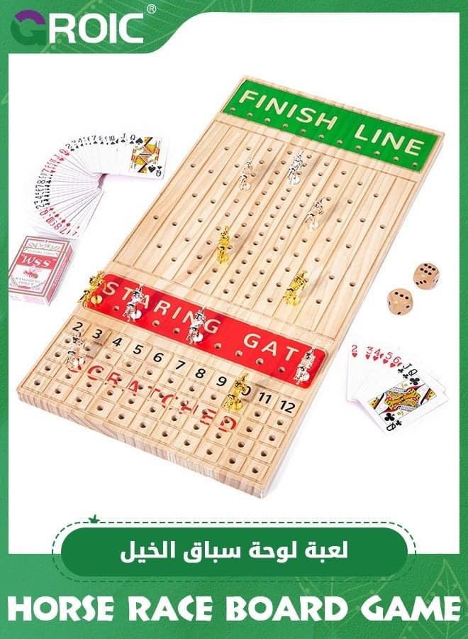 Horse Racing Board Game, 23.2 Inches Solid Wood Race Card and Dice Luxury Set with 11 Metal Horses, Dices 2 Boxes of Cards, Family Tabletop Game