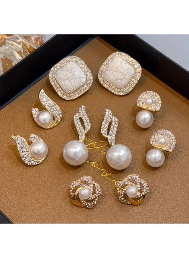 Elegant 5-Pair Pearl & Rhinestone Stud Earring Set for Women – Vintage-Inspired Zinc Alloy Design, Perfect for Daily Wear & Parties