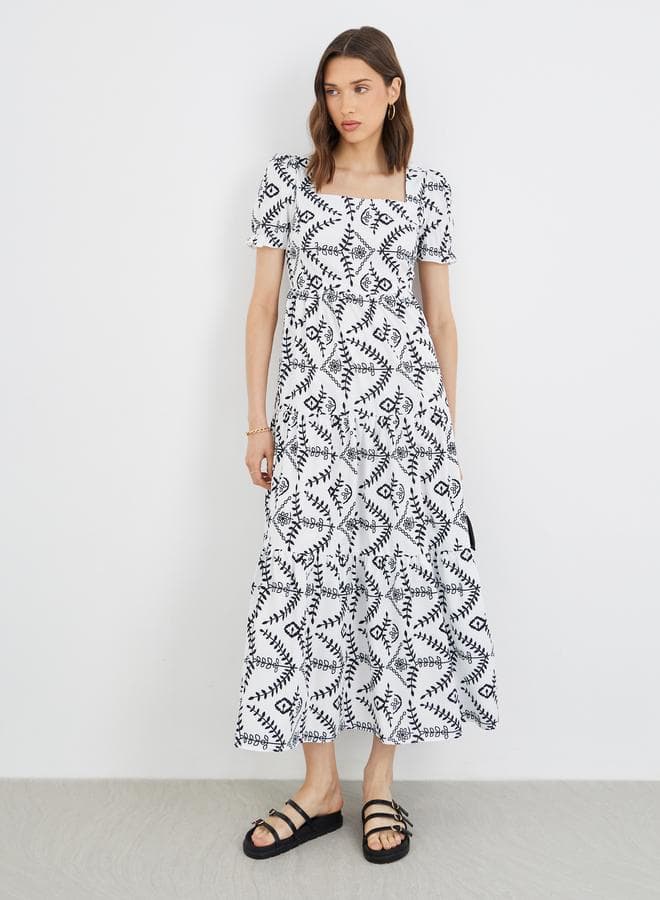 Take Two Floral Print Square Neck A-Line Midi Dress